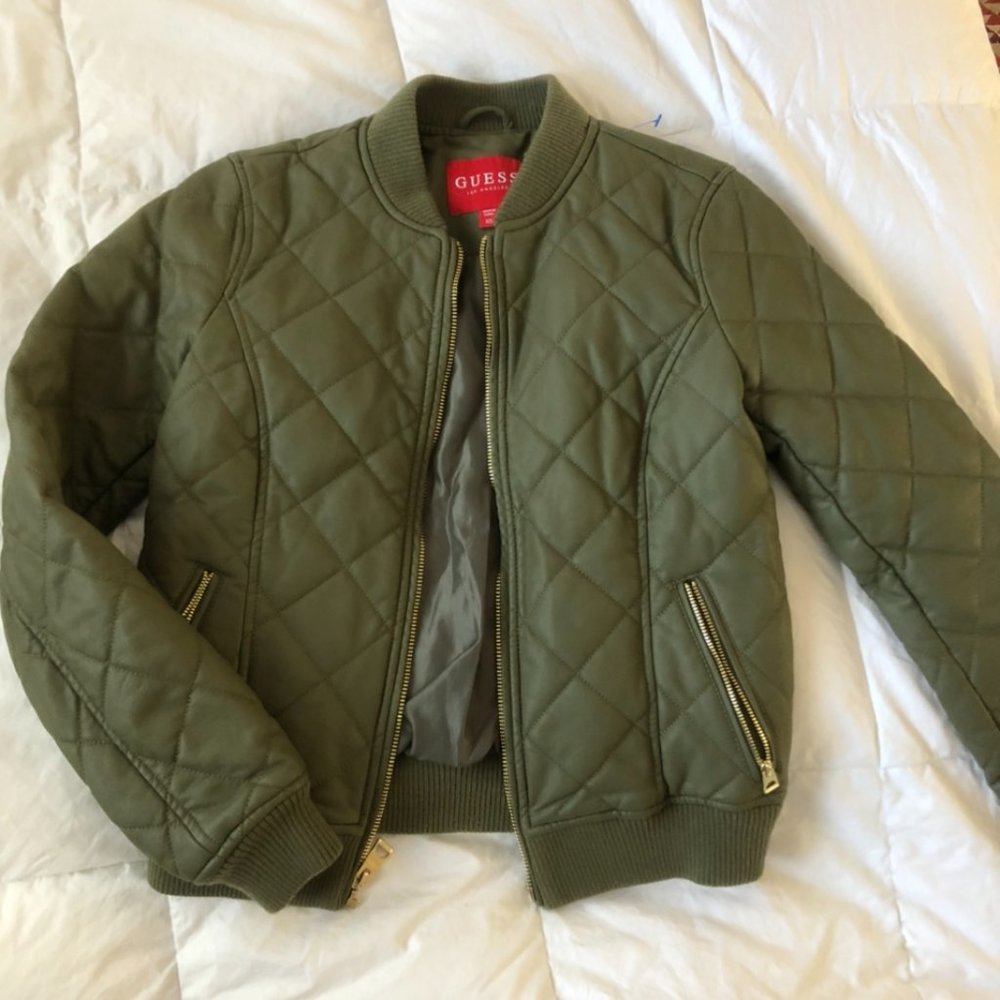 Faux Leather Bomber Jacket in Green from Guess LA
